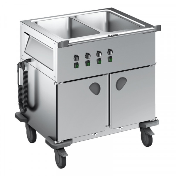 BLANCO Speisenausgabewagen aus rostfreiem Edelstahl, 2 Einzelbecken f. 2x GN 1/1-200 oder deren Unterteilung, Schrankfächer: 2 Fächer,