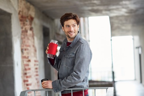 EMSA TEA MUG Teebecher (0,4 L, hochwertiger doppelwandiger Glaskörper, leichten Isoliereffekt, Manschette aus Silikon, perfekt