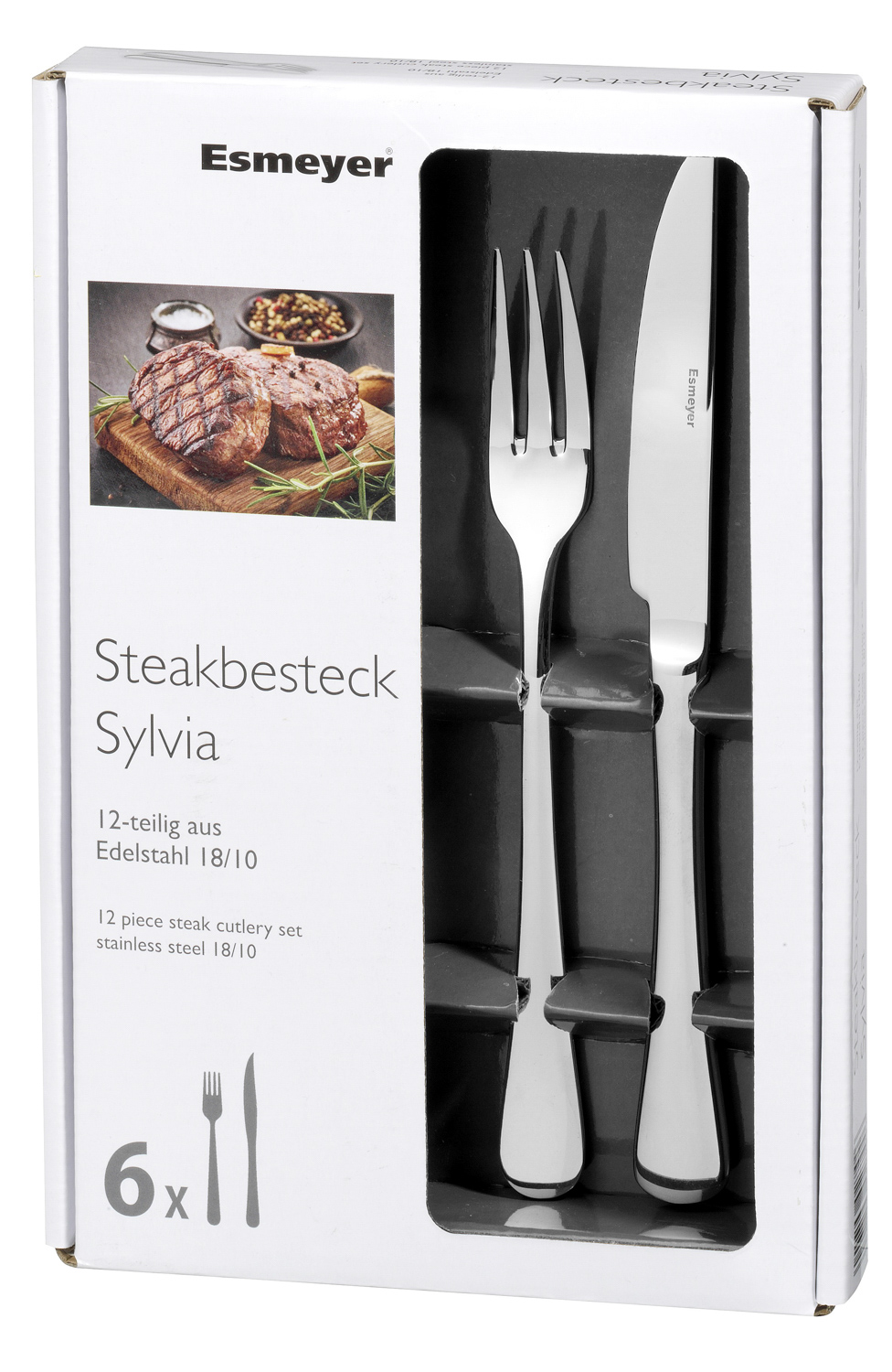 12-teiliges Steak-/Pizzabesteck SYLVIA, Edelstahl 18/10, poliert, Materialstärke 2,5 mm. Messer aus Klingenstahl mit Wellenschliff.