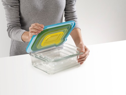 Joseph Joseph Nest Glass Storage - 4-teiliges Aufbewahrunsgbehälterset aus Glas - mehrfarbige Deckel
