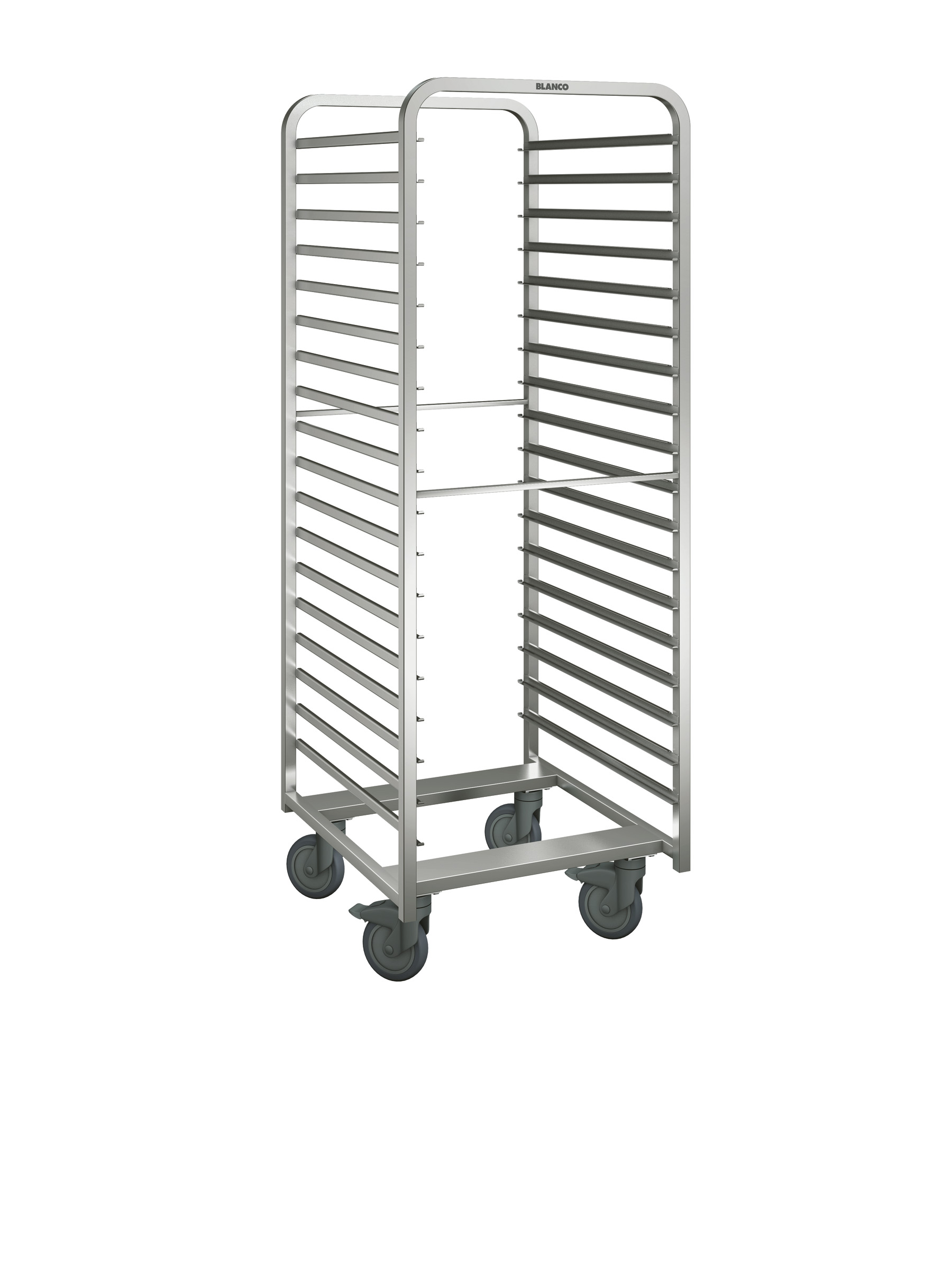 BLANCO Regalwagen a. rostfreiem Edelstahl mit Kunststoffrollen, f. Einfahrkühlschränke, Auflagenpaare: 18 Paar, Auflagenabstand: 73 mm,