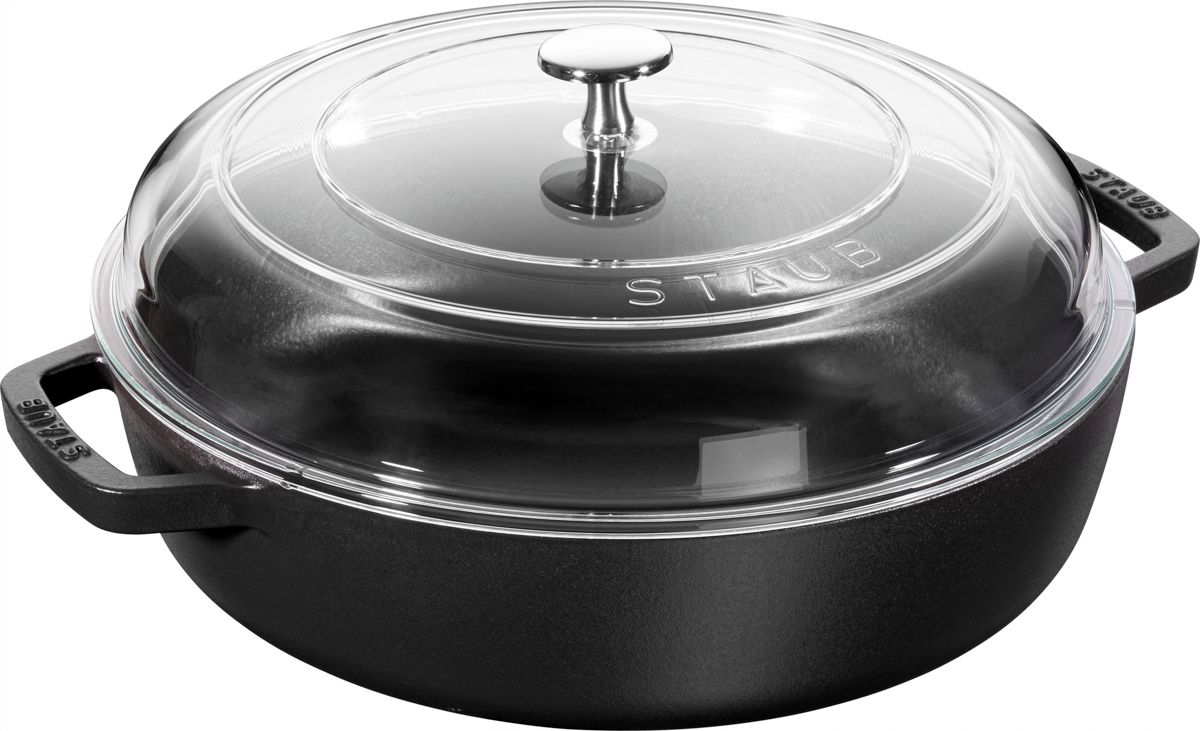 Schmorpfanne mit Glassdeckel, 26 cm, rund, Gusseisen, Schwarz, Serie: Braisers. Marke: Staub