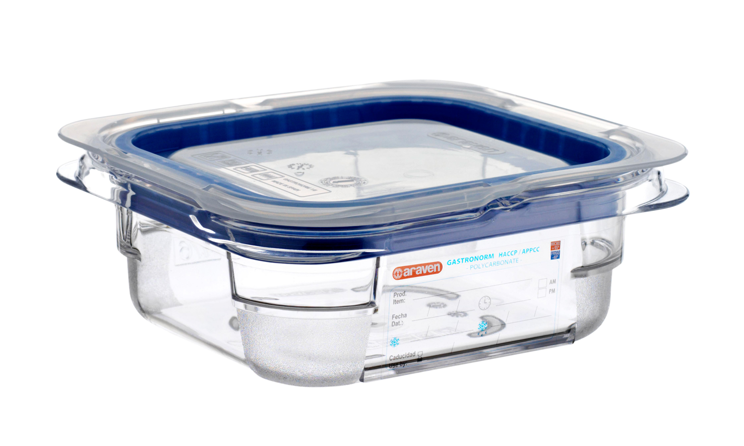 ARAVEN luftdichter Polycarbonat Behälter GN 1/6 65mm Höhe und 0,75 Liter Fassungsvermögen mit Deckel, durchsichtig