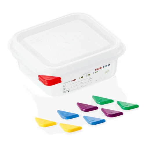 GN 1/6 Behälter, BPA frei, Deckel hermetisch schließend, Inklusive 5 Markierungs-Clips in den Farben: rot, blau, gelb, grün, lila, Behälter sind