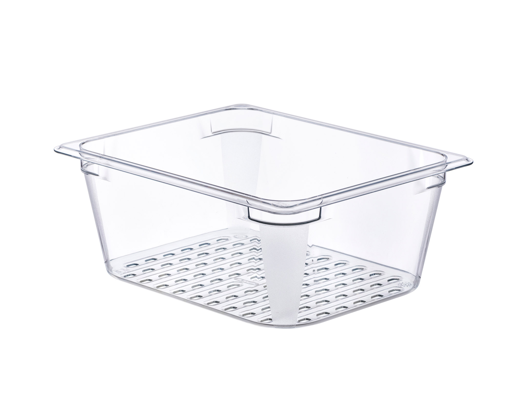 ARAVEN perforierter Polycarbonat Behälter GN 1/2 130mm Höhe und 7,8 Liter Fassungsvermögen, durchsichtig