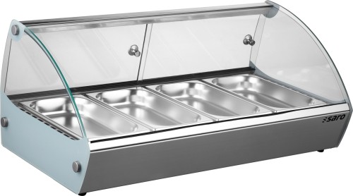 SARO Warmhaltevitrine Modell MARIE 4 - Material: (Gehäuse) Edelstahl und Sicherheitsglas - inkl. 4 x 1/3 GN-Behälter, Tiefe 40 mm -