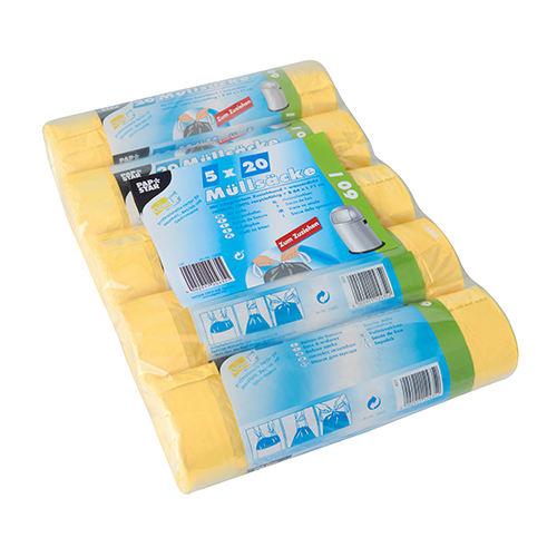 100 Müllsäcke mit Zugband, HDPE 60 l 71 cm x 64 cm gelb von Starpak