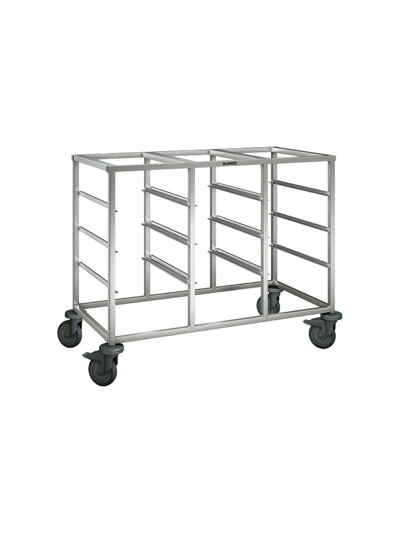 BLANCO Regalwagen aus rostfreiem Edelstahl mit Kunststoffrollen, 3-teilig, zum Einhängen von GN-Behältern, Auflagenpaare: 9 Paar + 3 Paar