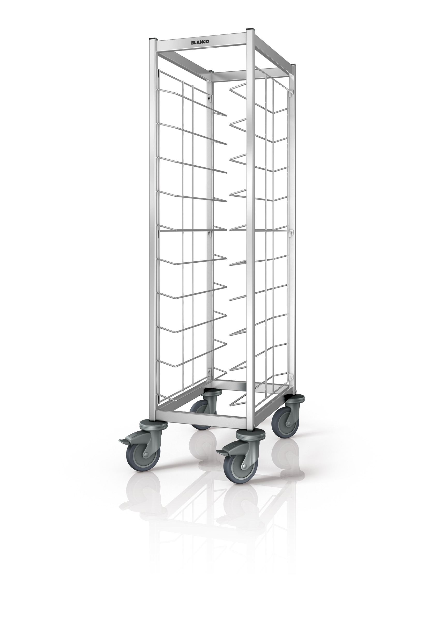 BLANCO Tablett-Abräumwagen aus rostfreiem Edelstahl mit Kunststoffrollen, 1-teilig, beidseitig beschickbar, Auflagenabstand: 125 mm,