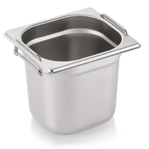 GN 1/6 Behälter, Materialstärke 0,6 mm, mit Fallgriffen. Material: Chromnickelstahl. Serie: GN 73. Inhalt in Litern: 2,4. Maße: Höhe: 150 mm