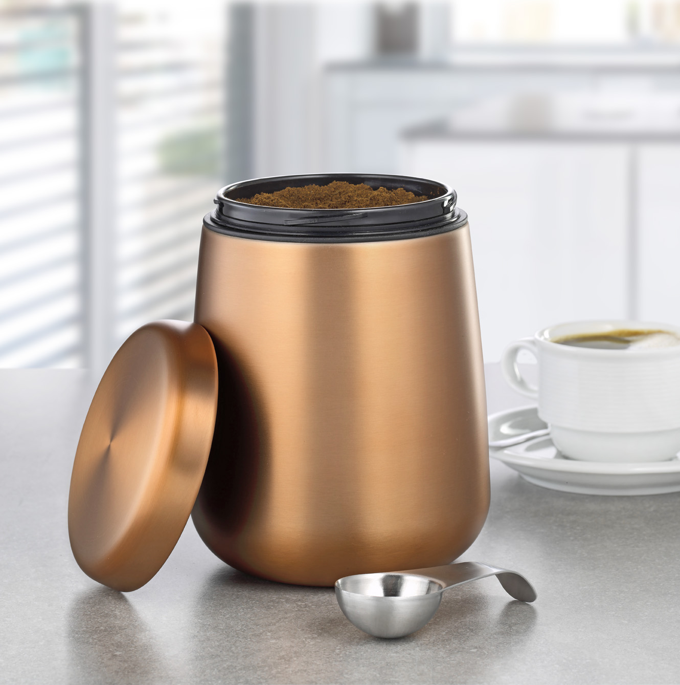 Vorratsdose AVIGNON, aus Edelstahl 18/10, kupferfarben lackiert, Maße: Höhe ca. 16,5 cm, Durchmesser ca. 11,5 cm.