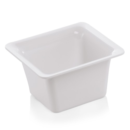 GN 1/6 Behälter, mit glattem Rand. Material: Melamin. Serie: GN 97. Inhalt in Litern: 1,6. Farbe: weiß. Maße: Höhe: 100 mm