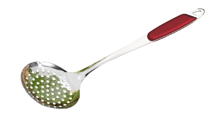 Schaumlöffel TOLEDO, bordeaux-rot, Edelstahl 18/0, 2,5 mm dick, hochglanzpoliert, mit Kunststoff-Griffschalen, auf Hängekarte