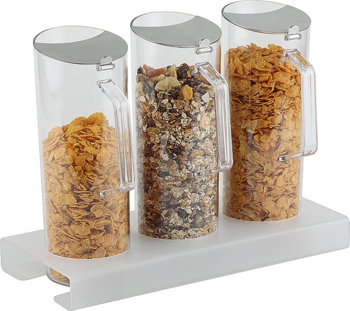 Cerealien-Bar 38 x 17 cm, H: 28,5 cm Set bestehend aus: - 1 Ständer Acryl, gefrostet, H: 4 cm - 3 Cerealien-Karaffen SAN,