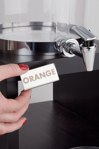 Saftdispenser -BRIDGE- 35,5x22 cm, H: 50 cm, 6 Liter 18/8 Edelstahl, SAN Buche, massiv, Farbton Wenge Kühlung durch 2