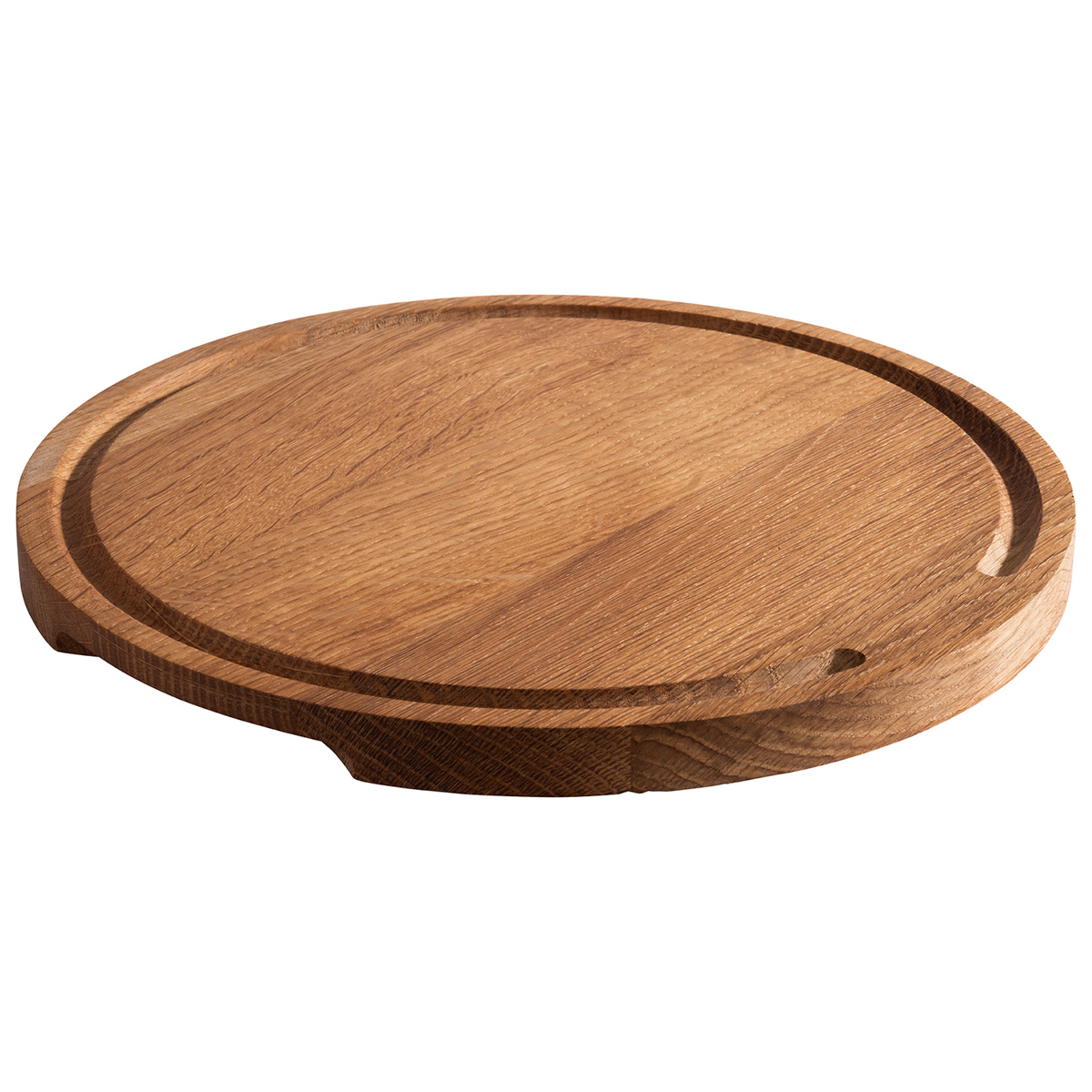 Servierbrett -PIZZA-, Ø 29 cm, H: 2 cm, Eichenholz, geölt, mit Saftrinne, mit 2 Griffmulden