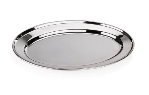 Servierplatte. Chromnickelstahl. oval, mit bordiertem Rand. Maße: 30,0 x 22,0 cm.
