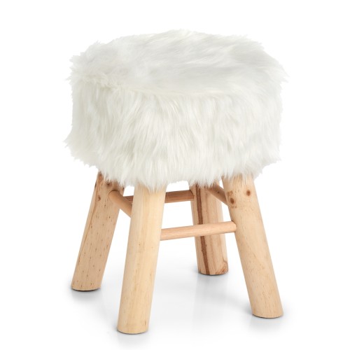 Sitzhocker "Zottel", Holz/Kunstfell, weiß. Ø: 290 mm. Höhe: 390 mm.