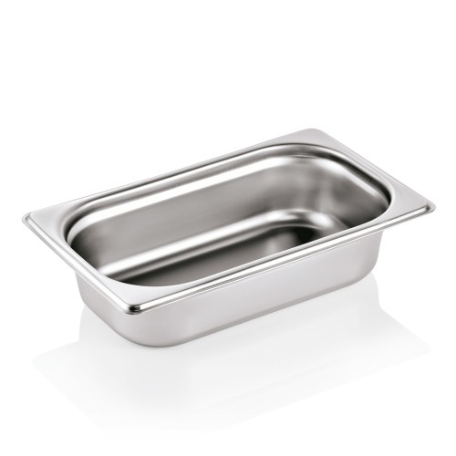 GN 1/4 Behälter, Materialstärke 0,7 mm. Material: Chromnickelstahl 18/8. Serie: GN 90. Inhalt in Litern: 1,8. Maße: Höhe: 65 mm
