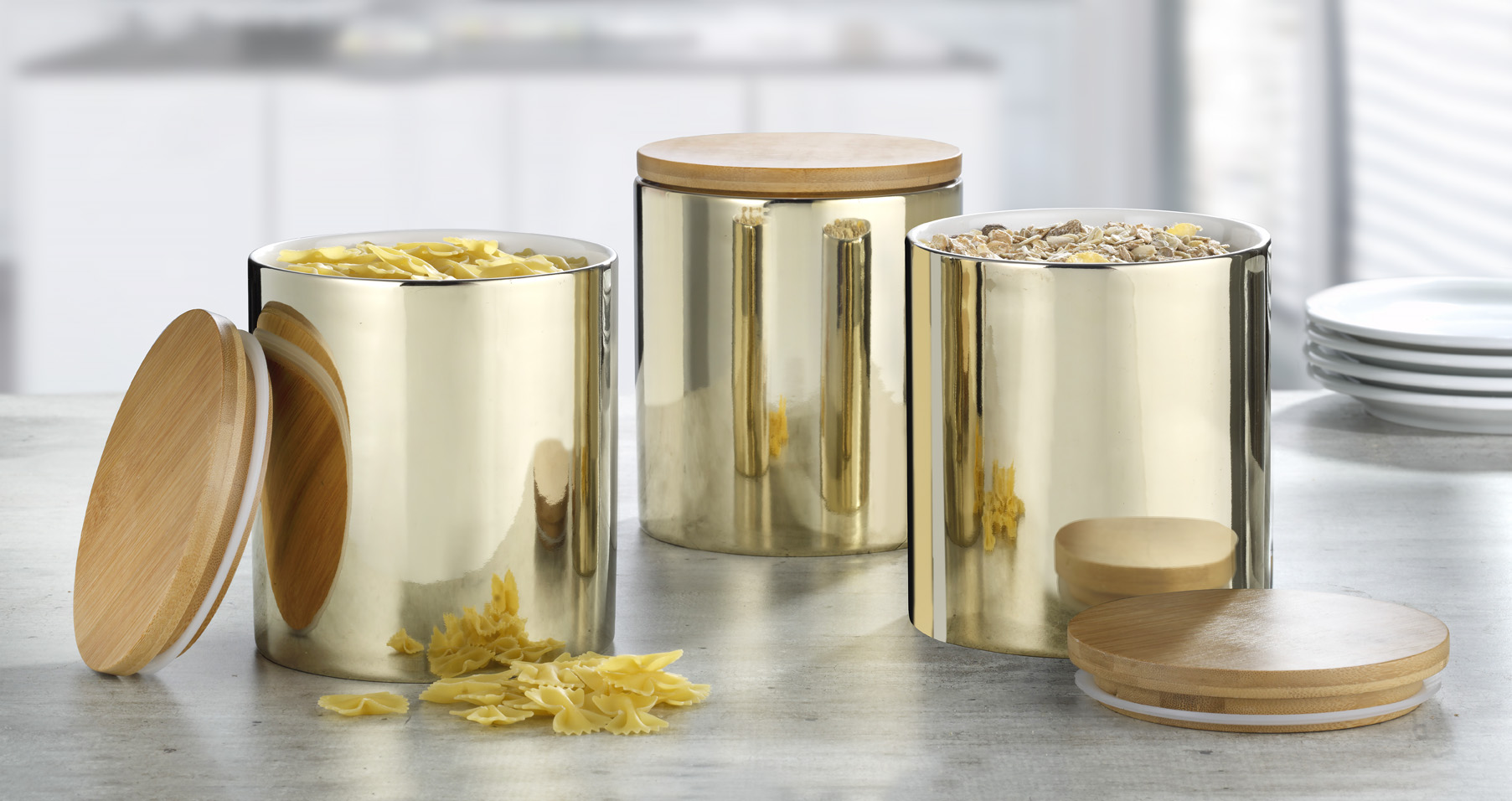 3-teiliges Vorratsdosen-Set GRENOBLE, (groß) aus Porzellan, Farbe: Champagner (innen weiß).