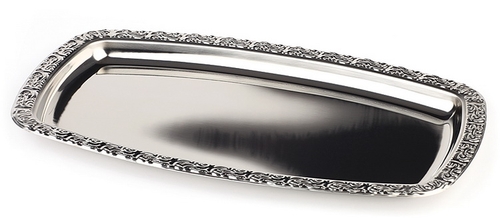 Tablett -SCHÖNER ESSEN- 38 x 23 cm 18/0 Edelstahl, mit Dekorrand rechteckig, abgerundet spülmaschinengeeignet stapelbar