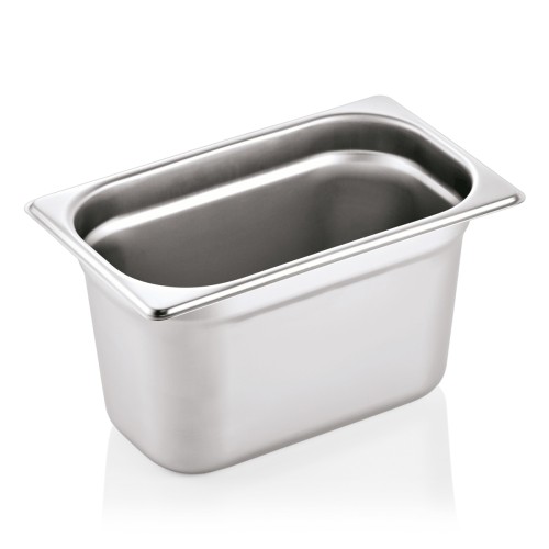 GN 1/4 Behälter, Materialstärke 0,7 mm. Material: Chromnickelstahl 18/8. Serie: GN 90. Inhalt in Litern: 4. Maße: Höhe: 150 mm