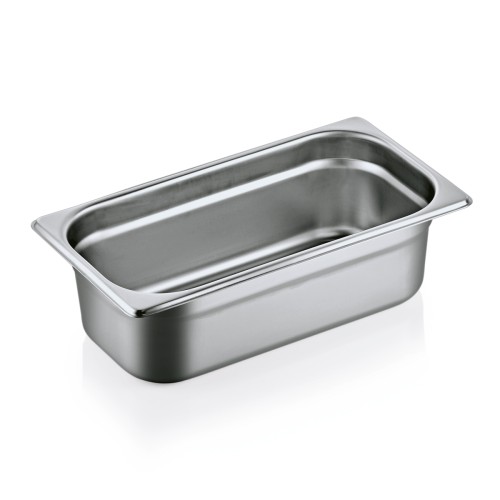 GN 1/3 Behälter, Materialstärke 0,7 mm. Material: Chromnickelstahl 18/8. Serie: GN 90. Inhalt in Litern: 4. Maße: Höhe: 100 mm