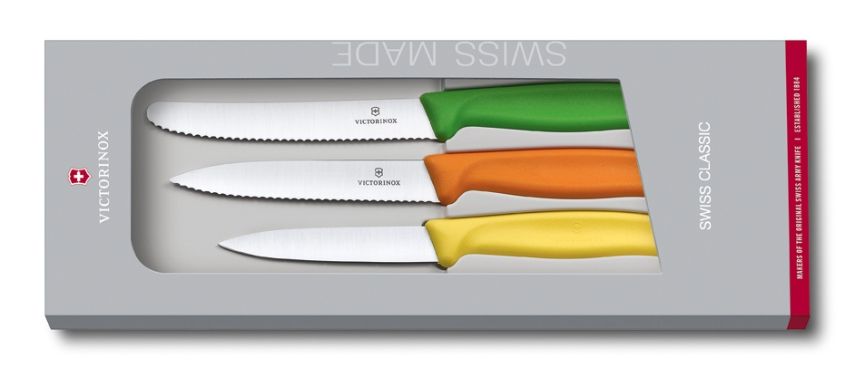 Gemüsemesser 3er-Set Victorinox SWISS CLASSIC, Farben: grün, orange, gelb, in Geschenkschachtel.