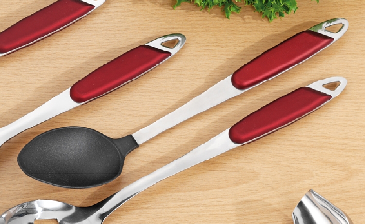 Servierlöffel mit Nylon TOLEDO, bordeaux-rot, Edelstahl 18/0, 2,5 mm dick, hochglanzpoliert, mit Kunststoff-Griffschalen, auf Hängekarte