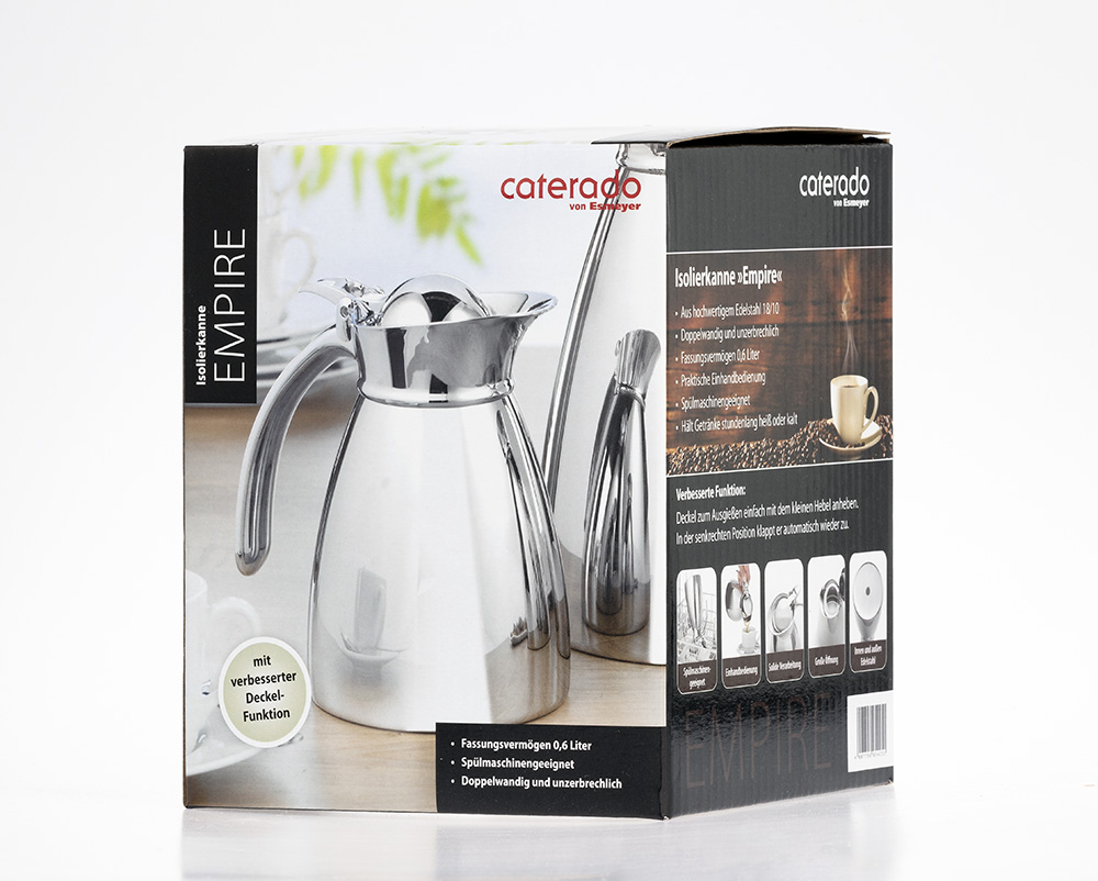 Isolierkanne EMPIRE, Inhalt: 0,6 Liter, Höhe: 148 mm, aus Edelstahl 18/10, doppelwandig, unzerbrechlich, spülmaschinengeeignet.
