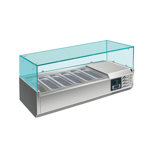 SARO Aufsatzkühlvitrine Modell EVRX 1400/330 - Material: (Gehäuse) Edelstahl; Glasaufsatz - Für 6x 1/4 GN-Behälter bis 150 mm Tiefe -