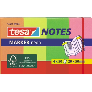 tesa® Haftmarker Marker Notes Papier 1 x pink, 1 x grün, 1 x orange, 1 x gelb 50 Bl./Block 4 Block/Pack., Maße: 20 x 50