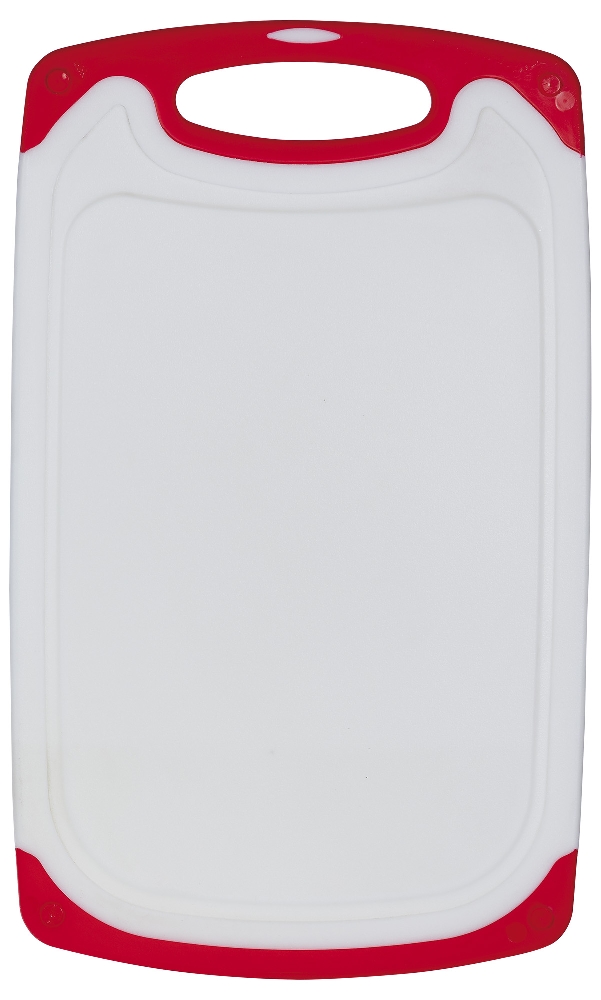 Schneidbrett Star aus weißem Kunststoff mit rotem Rand und Griff Maße: 39,6 x 23,5 x 0,9 cm