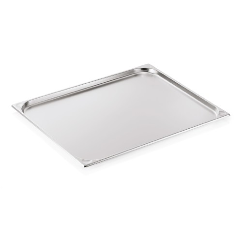 GN 2/1 Behälter, Materialstärke 0,6 mm, Randverstärkung durch geprägte U-Ecken. Material: Chromnickelstahl. Serie: GN 76. Inhalt in Litern: