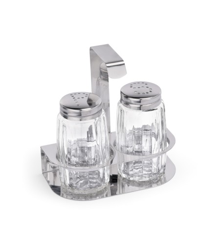 Menage. Edelstahl/Glas. 2-teilig, Salz und Pfeffer.