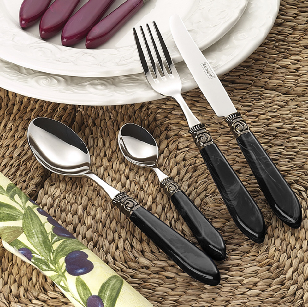 30-teiliges Besteck HELENA, schwarz aus Edelstahl 18/10, poliert. Messer aus Klingenstahl.