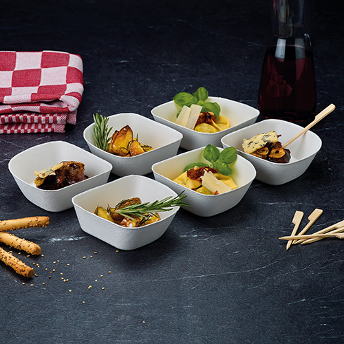 PAPSTAR 24 Schalen, Zuckerrohr "pure" 3,5 cm x 10 cm x 10 cm weiss "Belle Vie, Ligne Carrée"