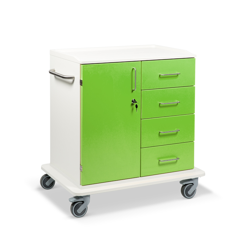 ETHERNASOLID® MULTICART Multifunktionswagen T22 mit einer Drehtür links, 4 Schubladen rechts und Schiebegriff, grün