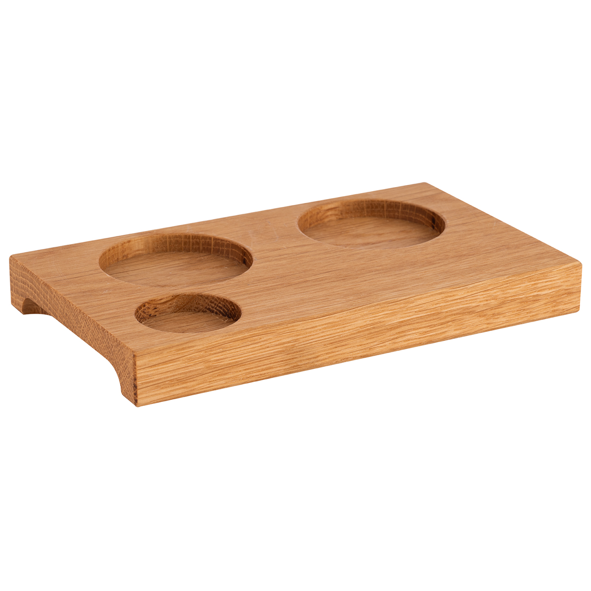 Servierbrett, 15 x 9 cm, H: 1,5 cm, Eichenholz, geölt, mit 2 Vertiefungen Ø 4,5 cm, mit einer Vertiefung Ø 3 cm, mit 2 Griffmulden
