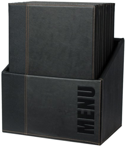 Speisekartenmappe im Kasten mit 20 Mappen aus feinem Kunstleder, mit Aufdruck MENU, Farbe schwarz