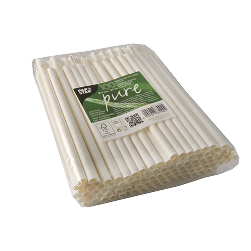 100 Trinkhalme mit Löffel, Papier "pure" Ø 8 mm · 20 cm weiss von PAPSTAR