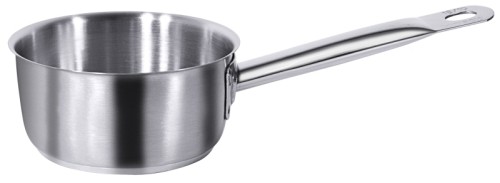Stielkasserolle hohe Form, aus Edelstahl 18/10, matt poliert, mit Rohrgriff und Schüttrand, 7 mm Sandwichboden,