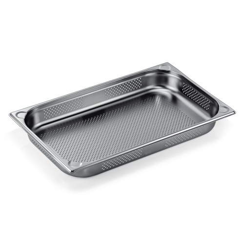 GN 1/1 Behälter, Boden- und Seitenlochung. Materialstärke 0,6 mm, Randverstärkung durch geprägte U-Ecken. Material: Chromnickelstahl.