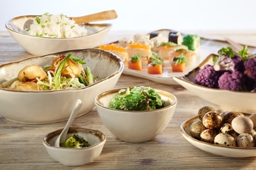 Schale -STONE ART- Ø 15,5 cm, H: 2,5 cm Melamin innen: Dekor, weiß Rand: braun außen: weiß 0,15 Liter spülmaschinengeeignet