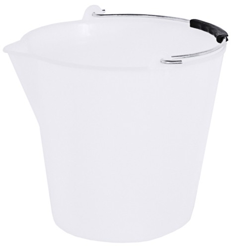 Kunststoffeimer aus weißem niederdichtem Polyethylen, mit Ausguss, mit Tragebügel aus Edelstahl 18/0, geprägte Graduierung in