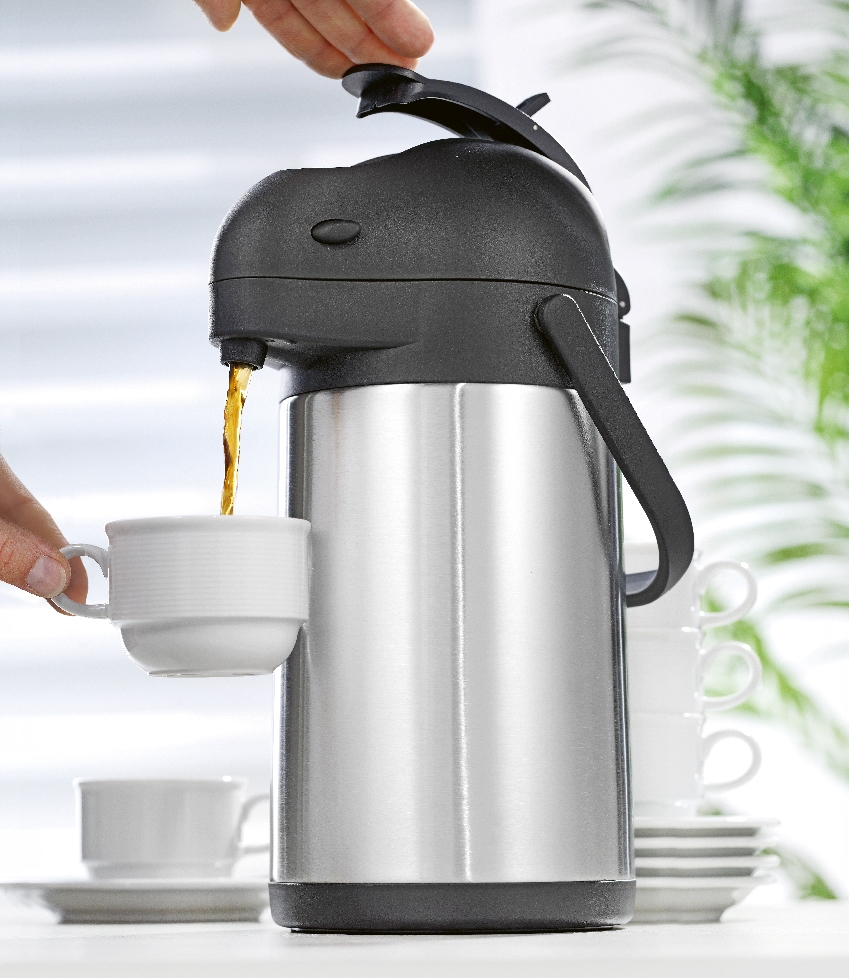 Pump-Isolierkanne / Pumpspender STREAM, Inhalt: 1,9 Liter, aus doppelwandigem Edelstahl, Höhe: 33 cm, Durchmesser: 15 cm.