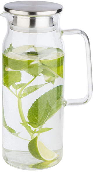 Glaskaraffe Ø 10 cm, H: 26 cm, 1,5 Liter Glas, Edelstahl Deckel matt poliert spülmaschinengeeignet zerbrechlich Farbe: