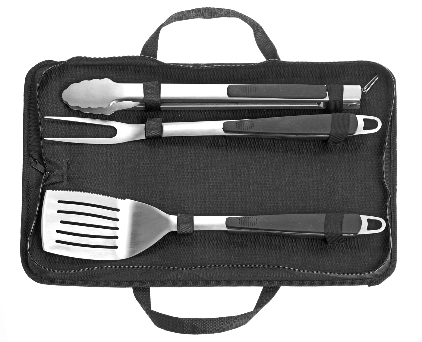 Grillbesteck / BBQ Set TEXAS, 3-teilig inkl. Tasche. Enhält Pfannenwender Gabel und Grillzange. Edelstahl 18/0 und Kunststoffgriff.