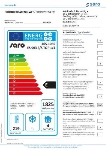 SARO Kühltisch mit Tür und Schubladen, Modell ES 903 S/S TOP 1/4 - Material: (Gehäuse und Innenraum) Edelstahl; (Arbeitsfläche) Edelstahl -