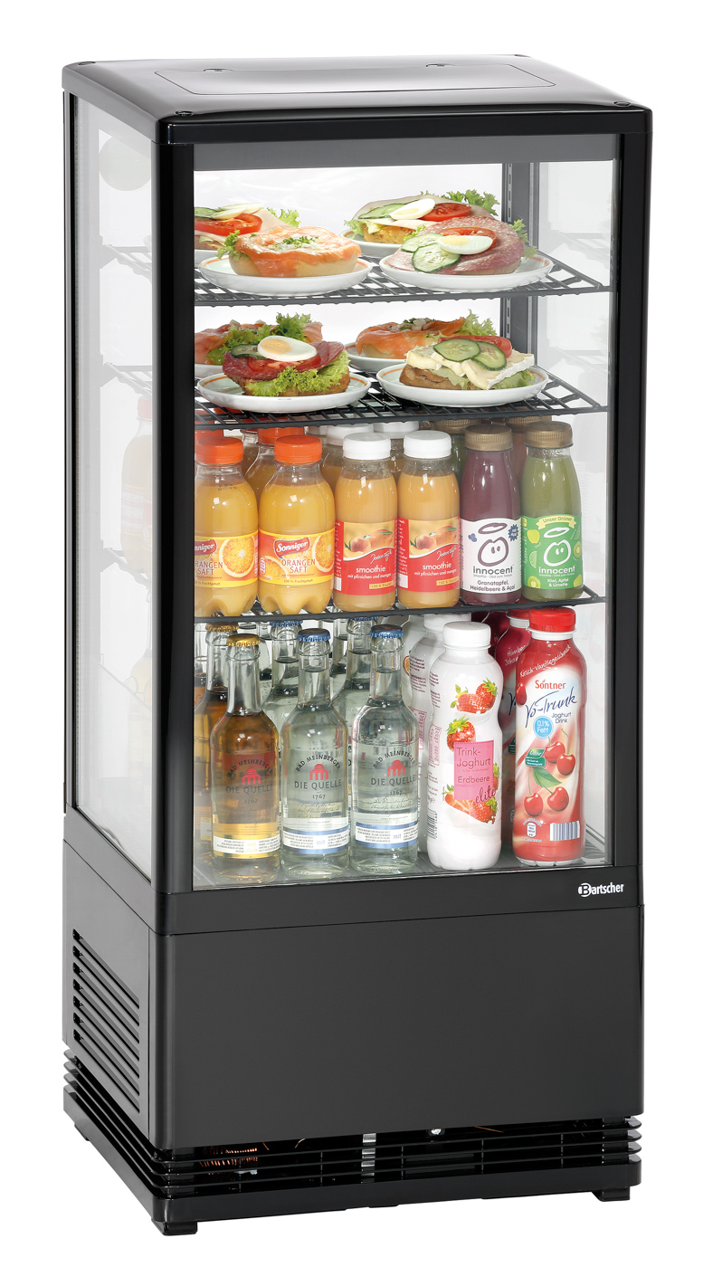 Bartscher Mini-Kühlvitrine 78L, schwarz | Art derVerglasung: Doppel-Verglasung | Maße: 43,5 x 38,5x 96,0 cm. Gewicht: 33,2 kg
